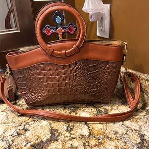 Brown Croc-Embossed Shoulder Bag with Detachable Strap